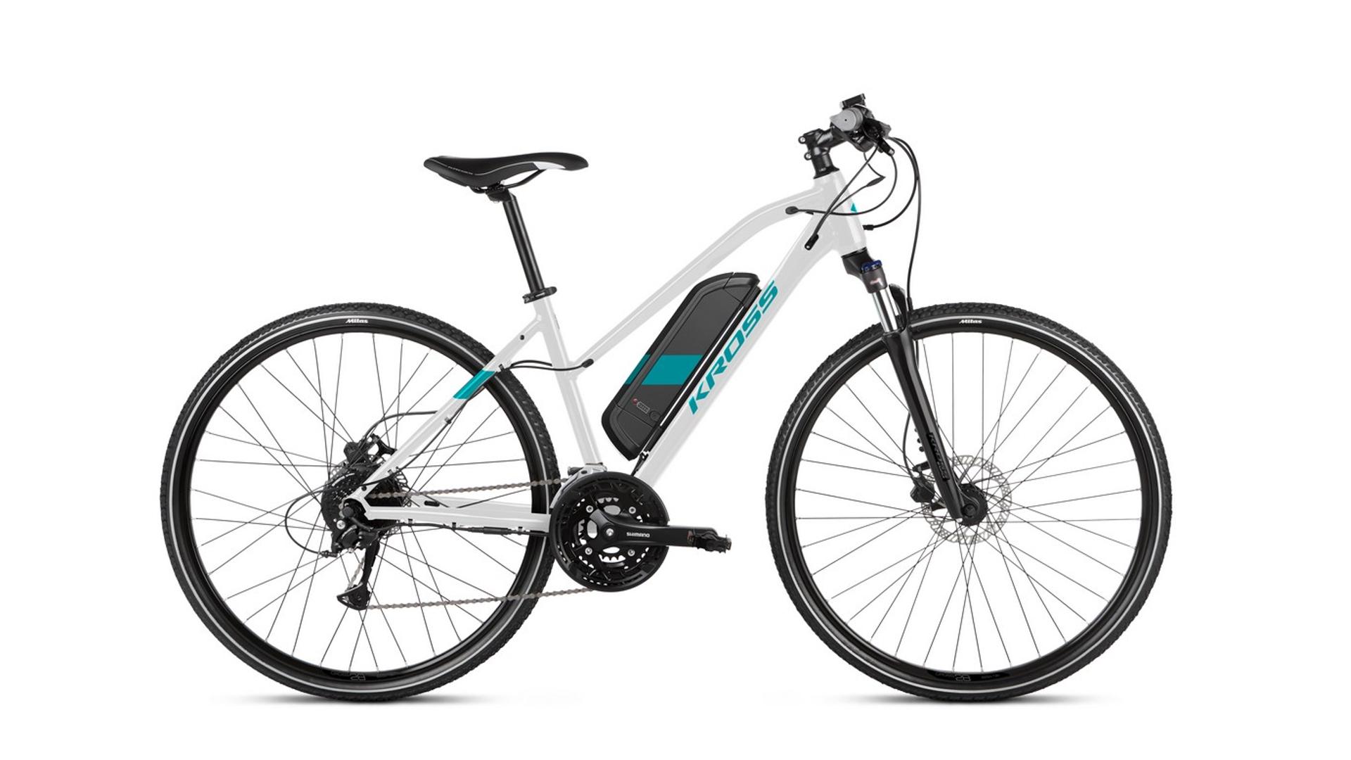 KROSS Evado Hybrid 1.0 D 28" női cross elektromos kerékpár, white / turquoise gloss, M (17")