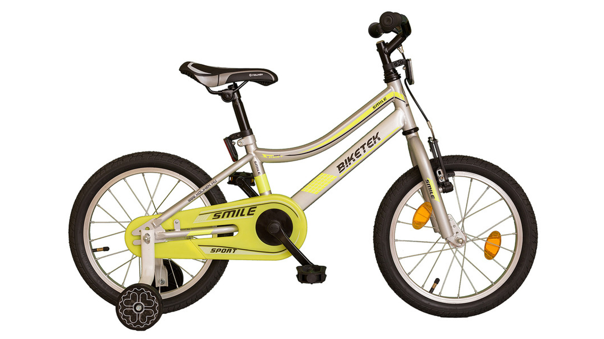 KOLIKEN Biketek Smile 16" gyermekkerékpár / tanulóbicikli, kontrás, ezüst-neon