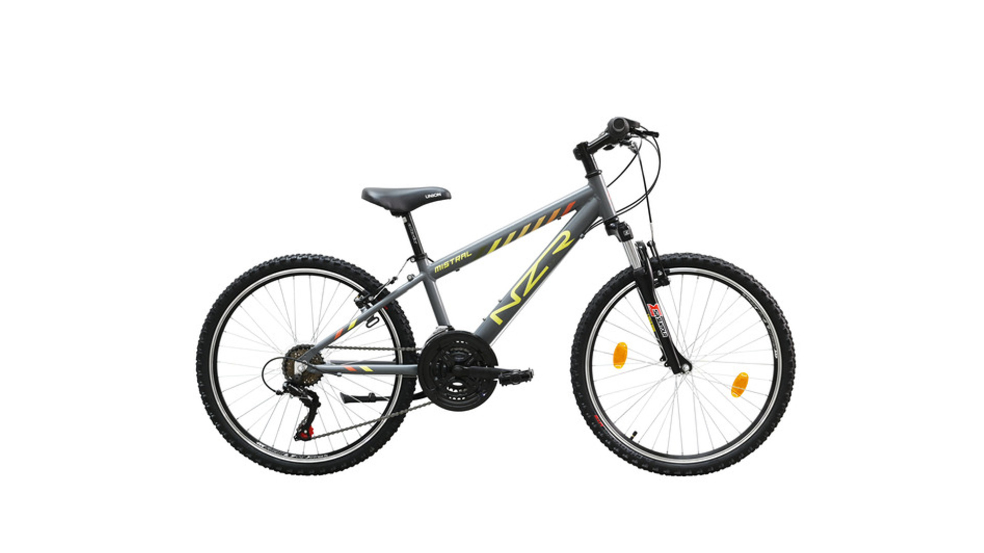 NEUZER Mistral 24" MTB fiú gyerekkerékpár, 18 seb. alu, szürke / sárga-narancs