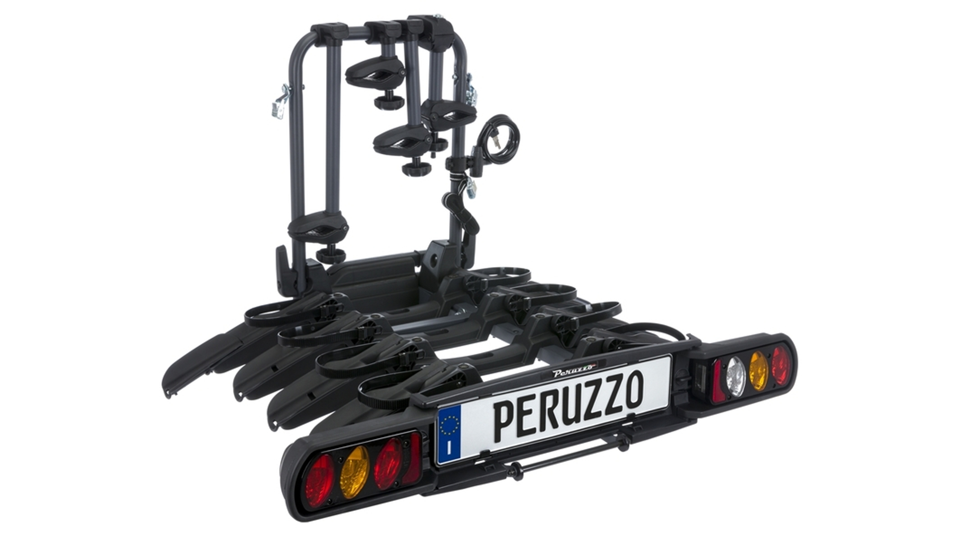 PERUZZO Pure Instict (Pure4 Lock) kerékpárszállító vonóhorogra 4 kerékpárhoz, zárható, sínes, acél